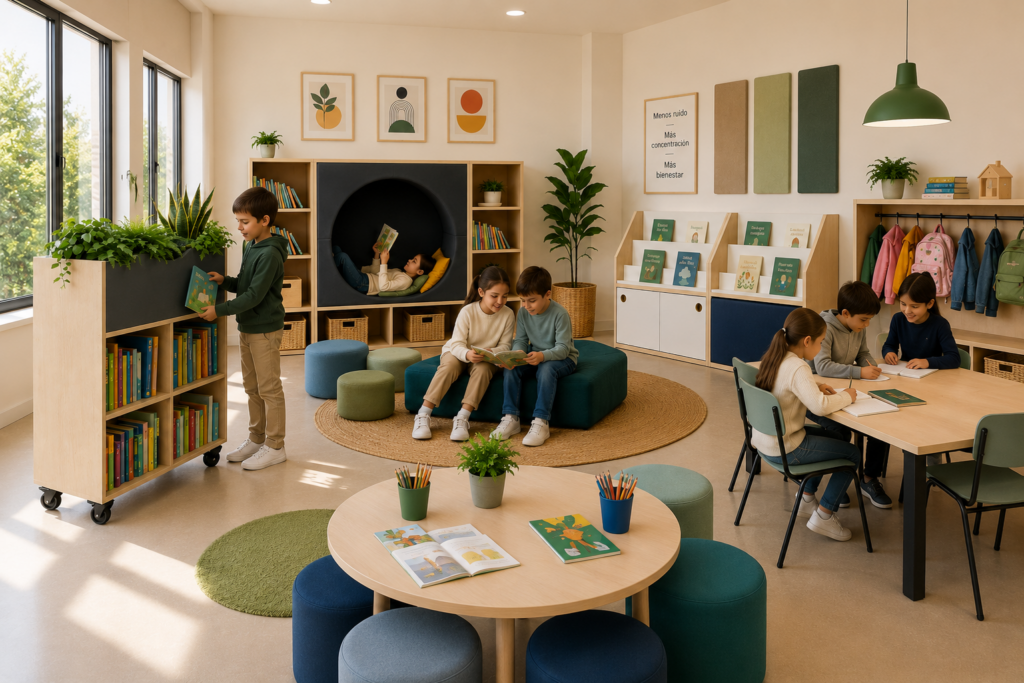 Biblioteca escolar flexible amb mobiliari Mobens