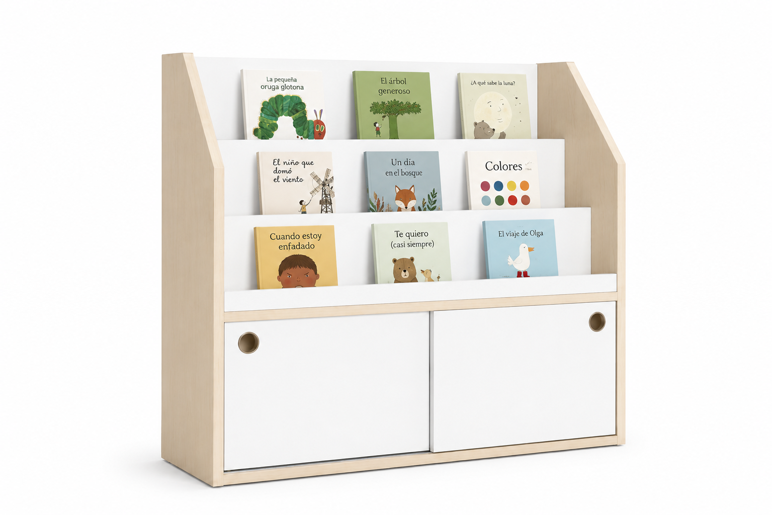Expositor de libros con puertas y almacenamiento