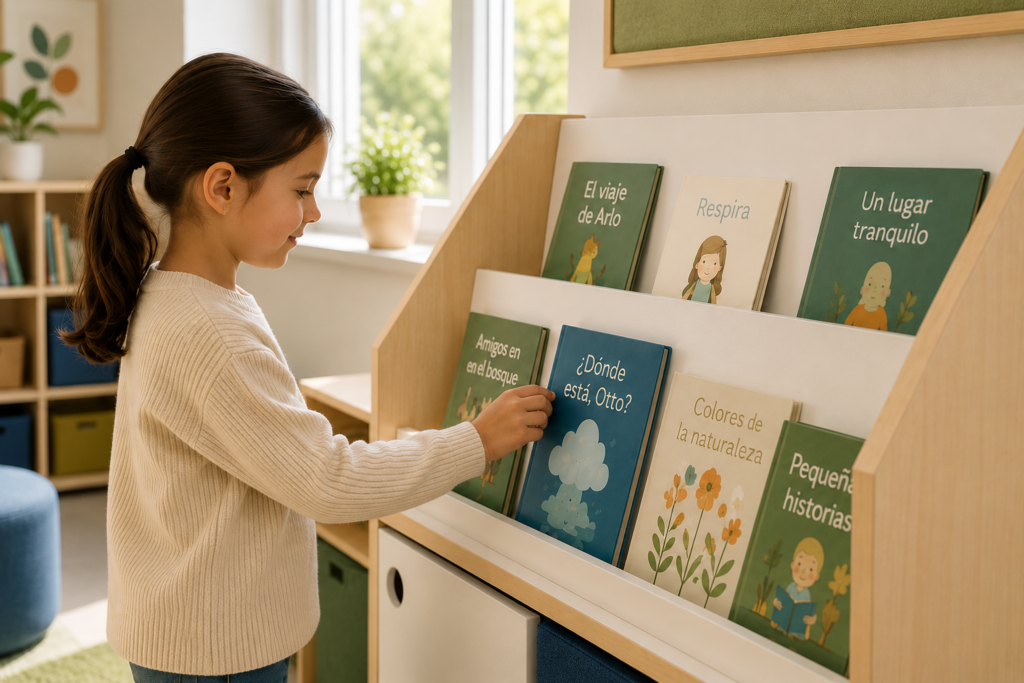 Zona de lectura escolar amb mobiliari Mobens