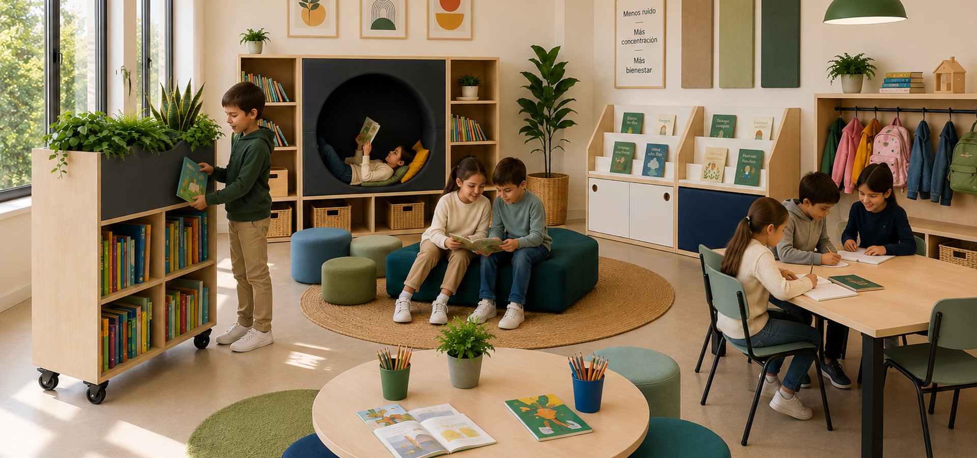 Biblioteca escolar terminada con mobiliario Mobens