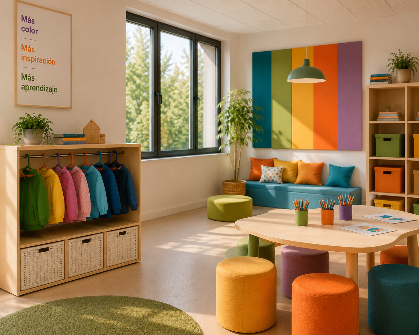 Aula infantil lluminosa amb mobiliari de colors Mobens