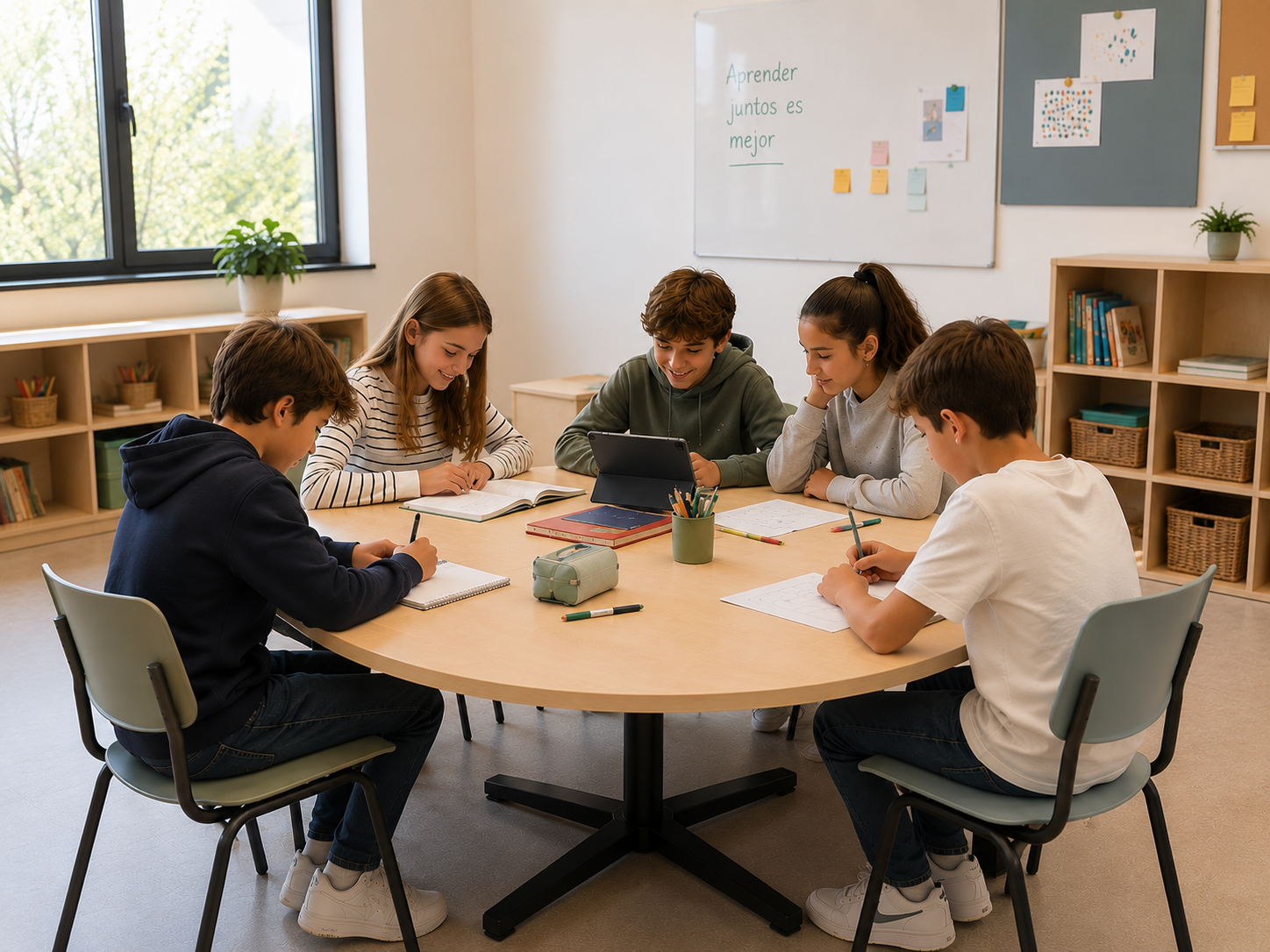 Aula flexible con alumnado trabajando alrededor de una mesa redonda colaborativa