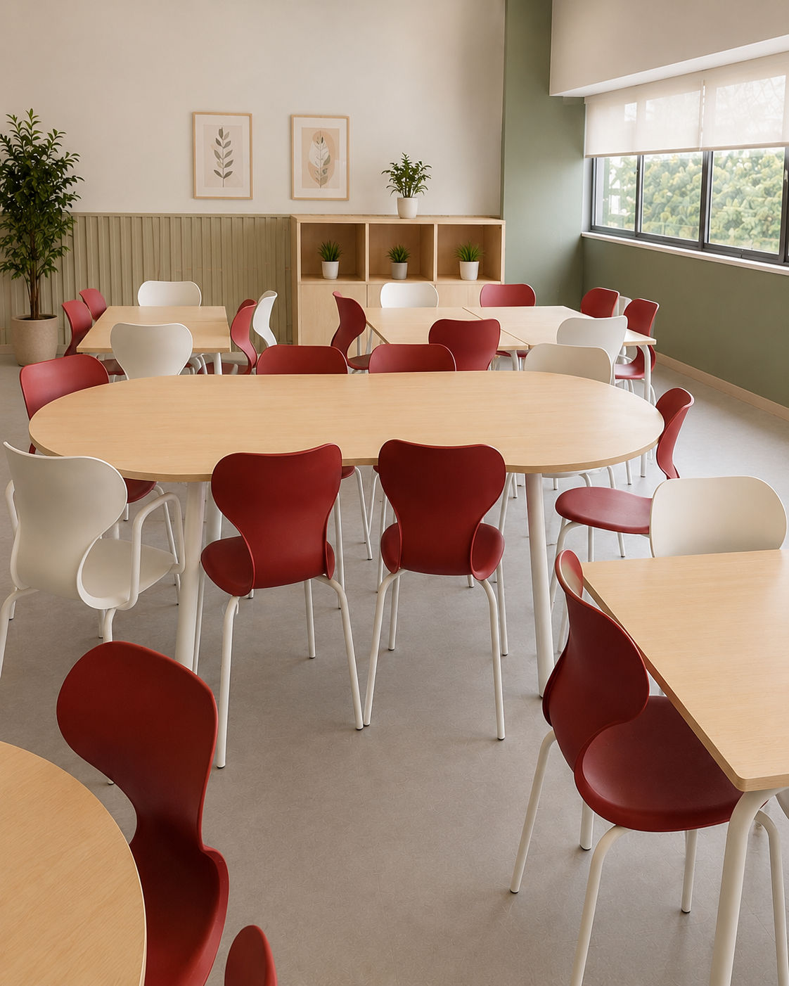 Comedor escolar con mesas de madera y sillas rojas y blancas