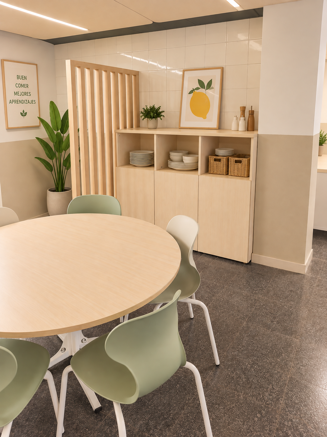 Zona de comedor escolar con almacenaje para vajilla