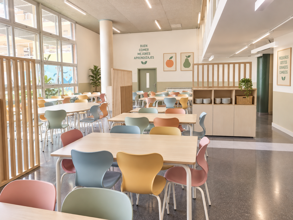Comedor escolar en Barcelona diseñado con zonas amplias, mobiliario flexible y colores suaves