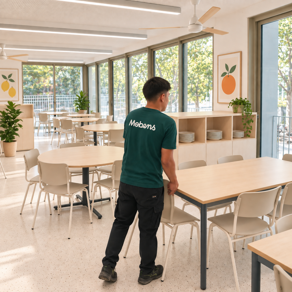 Equipo Mobens realizando la puesta a punto de un comedor escolar