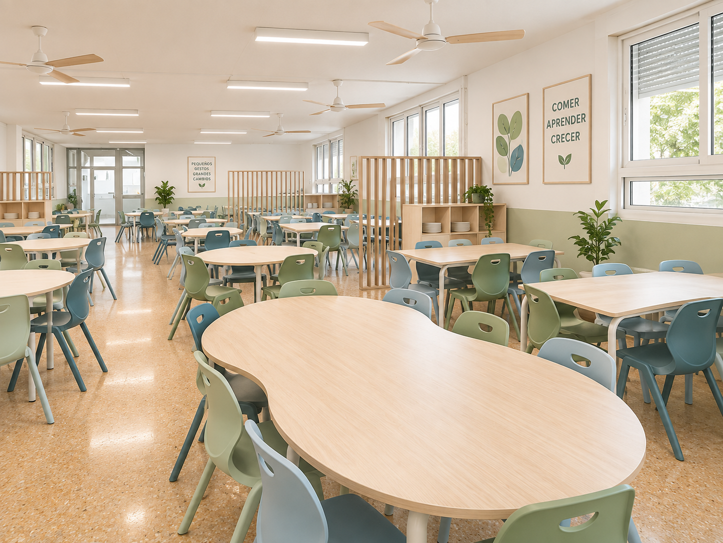 Comedor escolar amplio diseñado con mobiliario Mobens