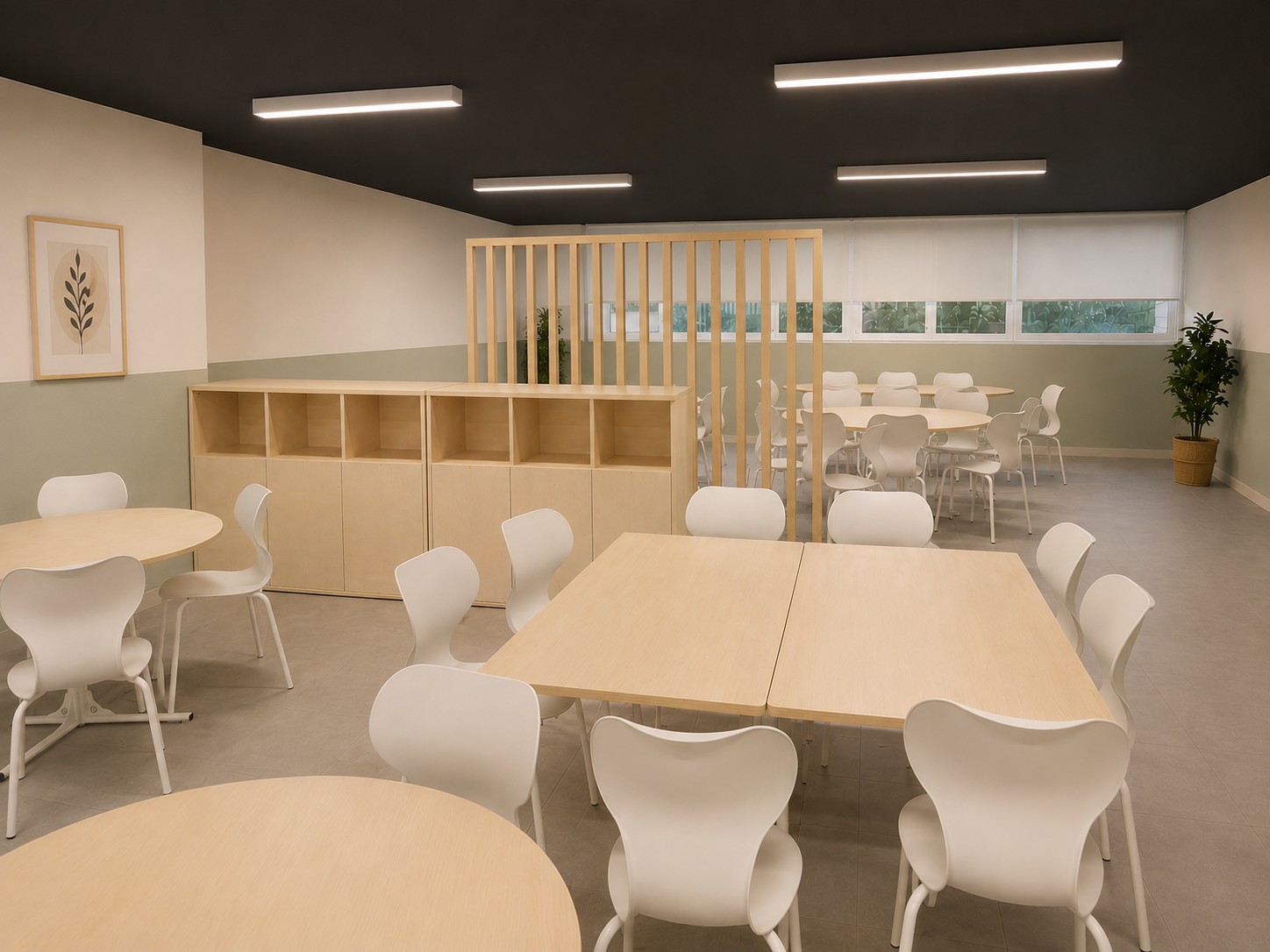 Comedor escolar dividido en zonas con mesas y almacenaje de madera