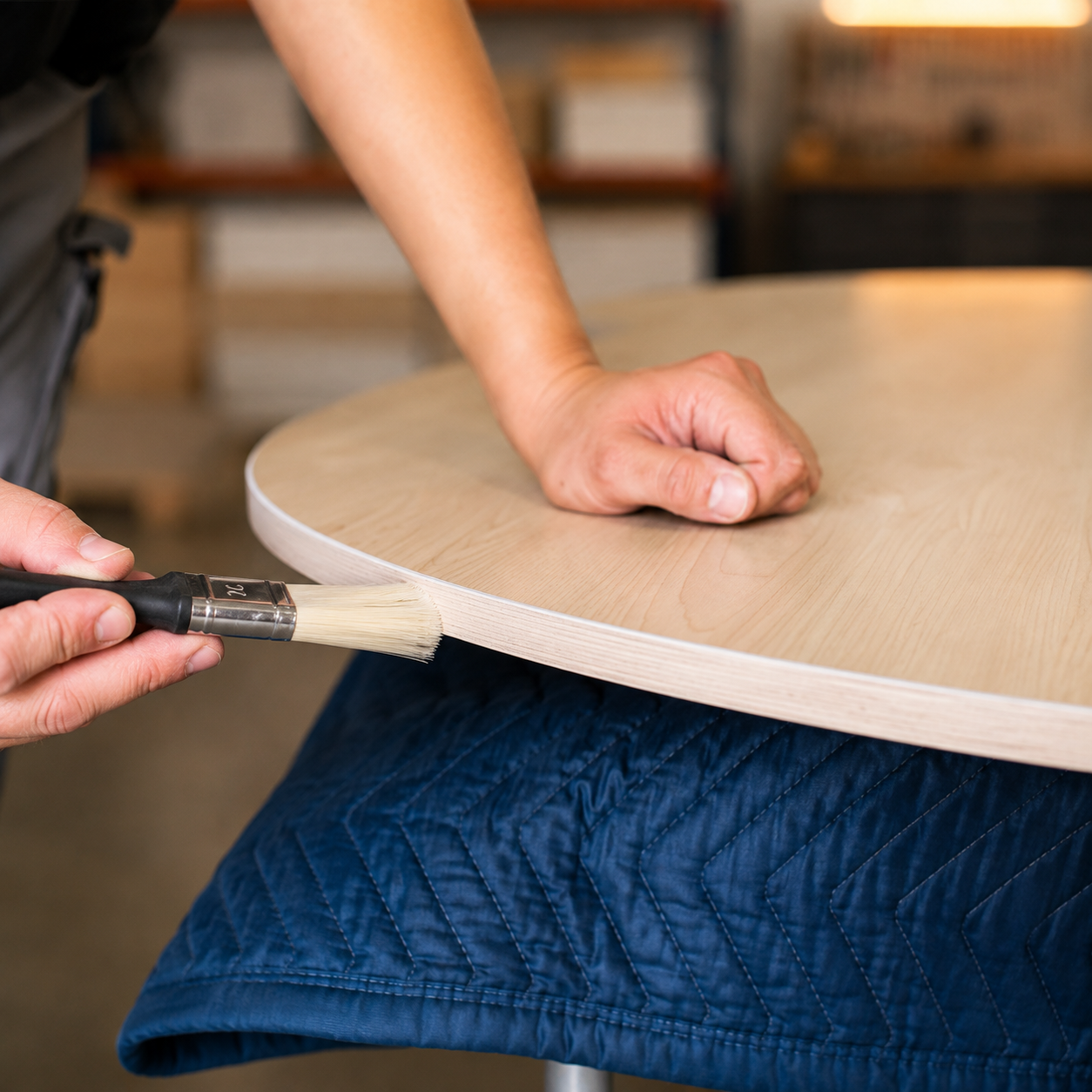 Aplicación manual del acabado en una mesa fabricada por Mobens
