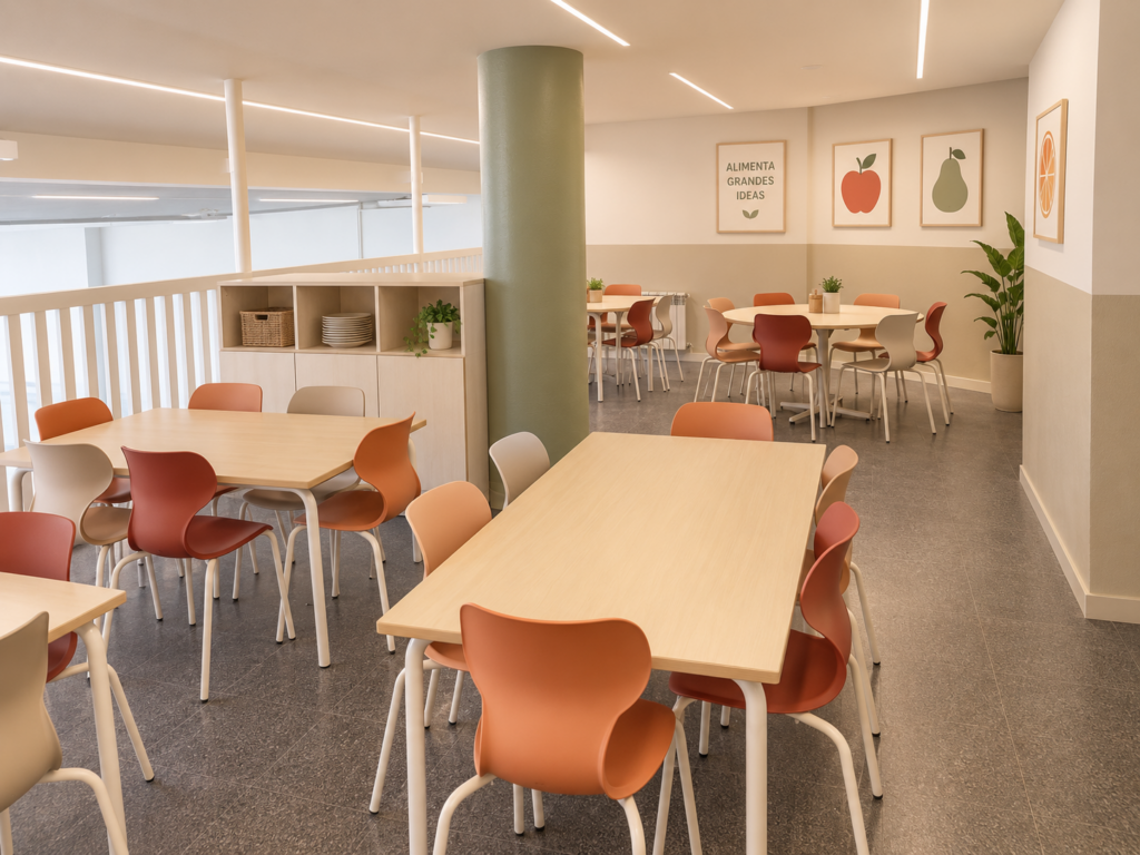 Distribución por zonas en un comedor escolar acogedor de Barcelona