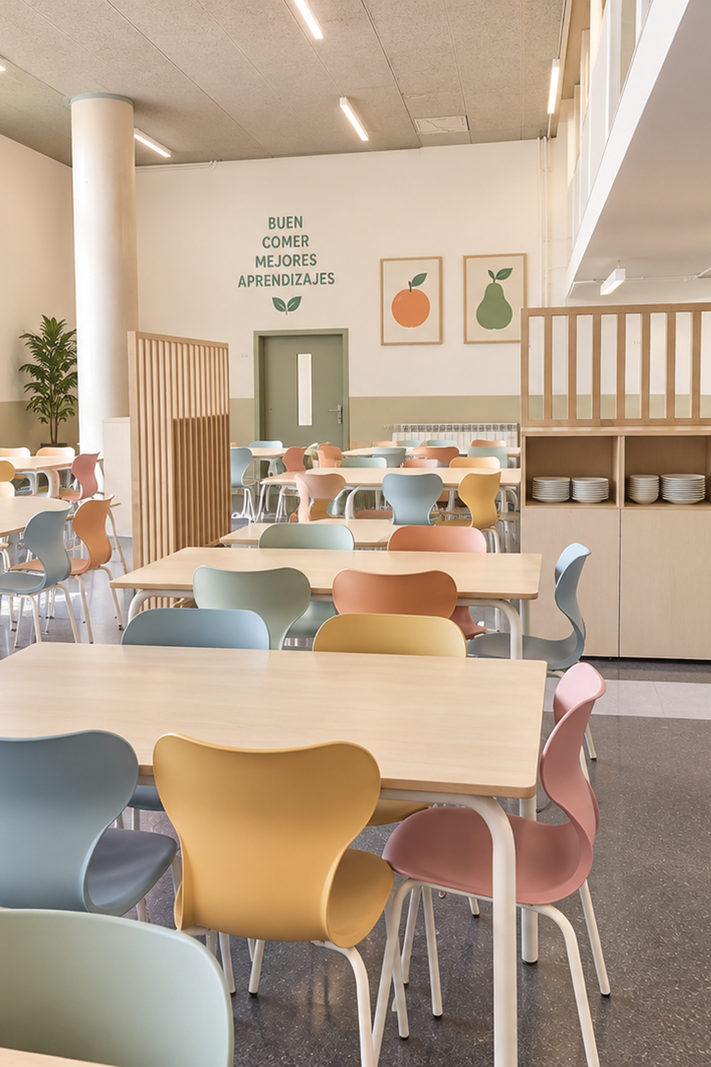 Comedor escolar acogedor y funcional diseñado por Mobens en Barcelona