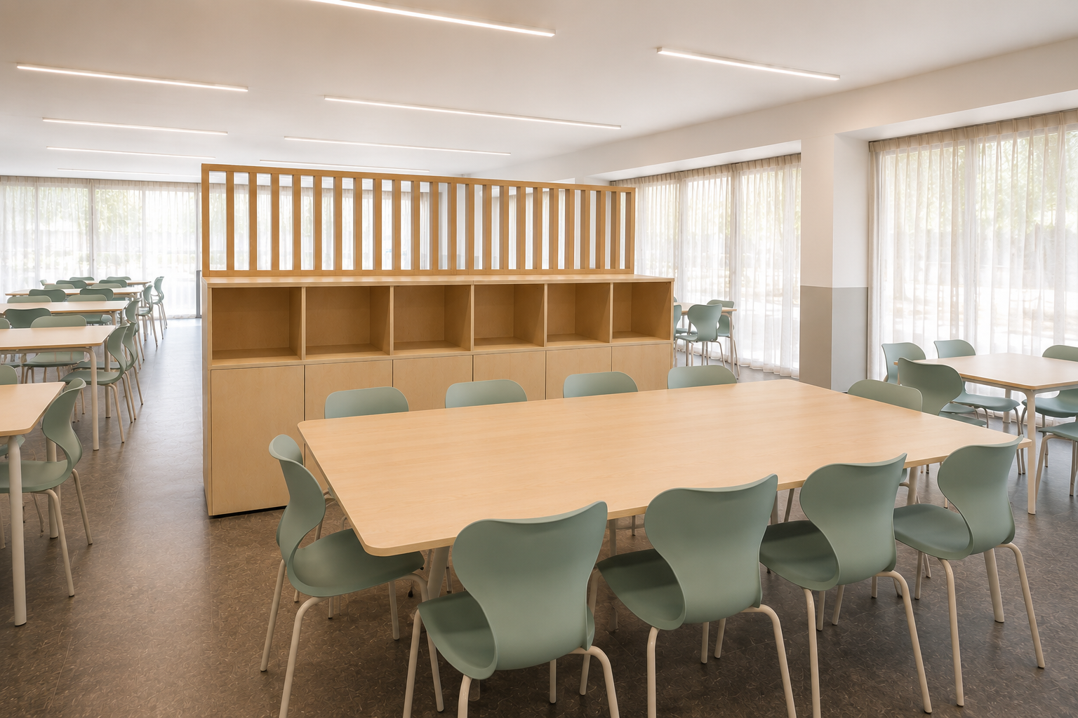 Comedor escolar organizado en diferentes ambientes con mobiliario Mobens