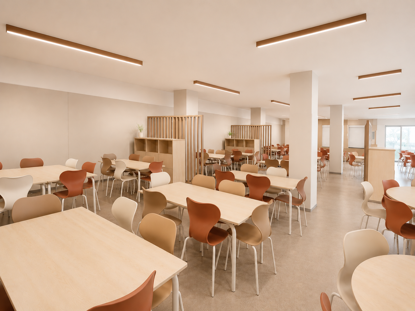 Comedor escolar amplio con mesas colaborativas y mobiliario Mobens