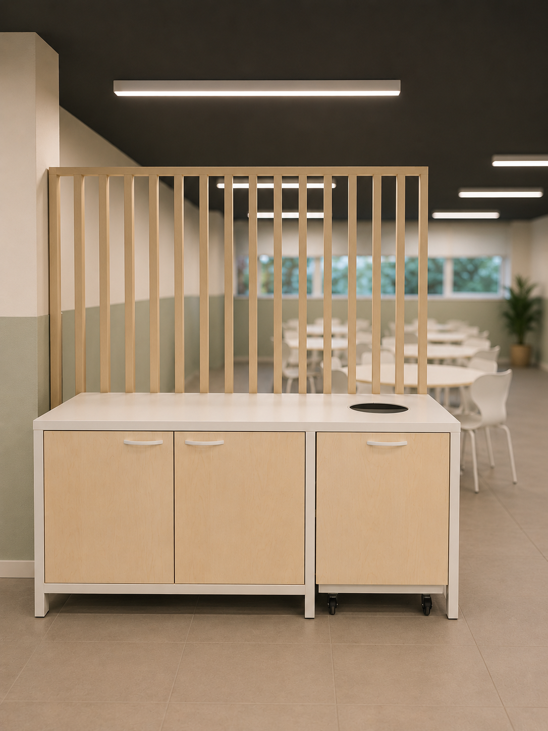 Mueble de organización integrado en un comedor escolar equipado por Mobens