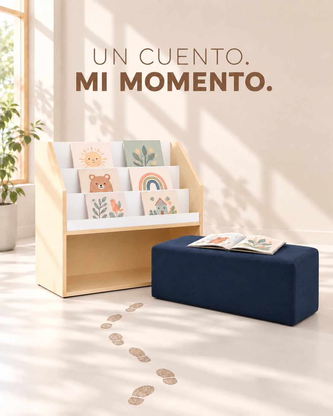 Expositor de libros Nido Display y banco Cub Bench para lectura escolar