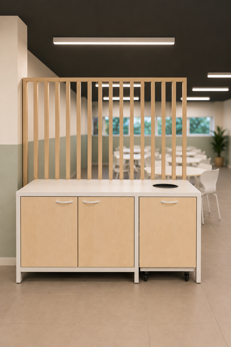 Mueble de organización y reciclaje integrado en un comedor escolar Mobens