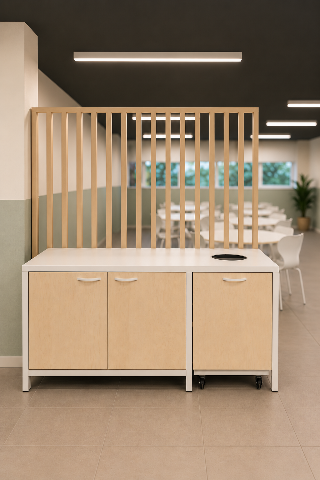 Mueble de organización y reciclaje integrado en un comedor escolar Mobens