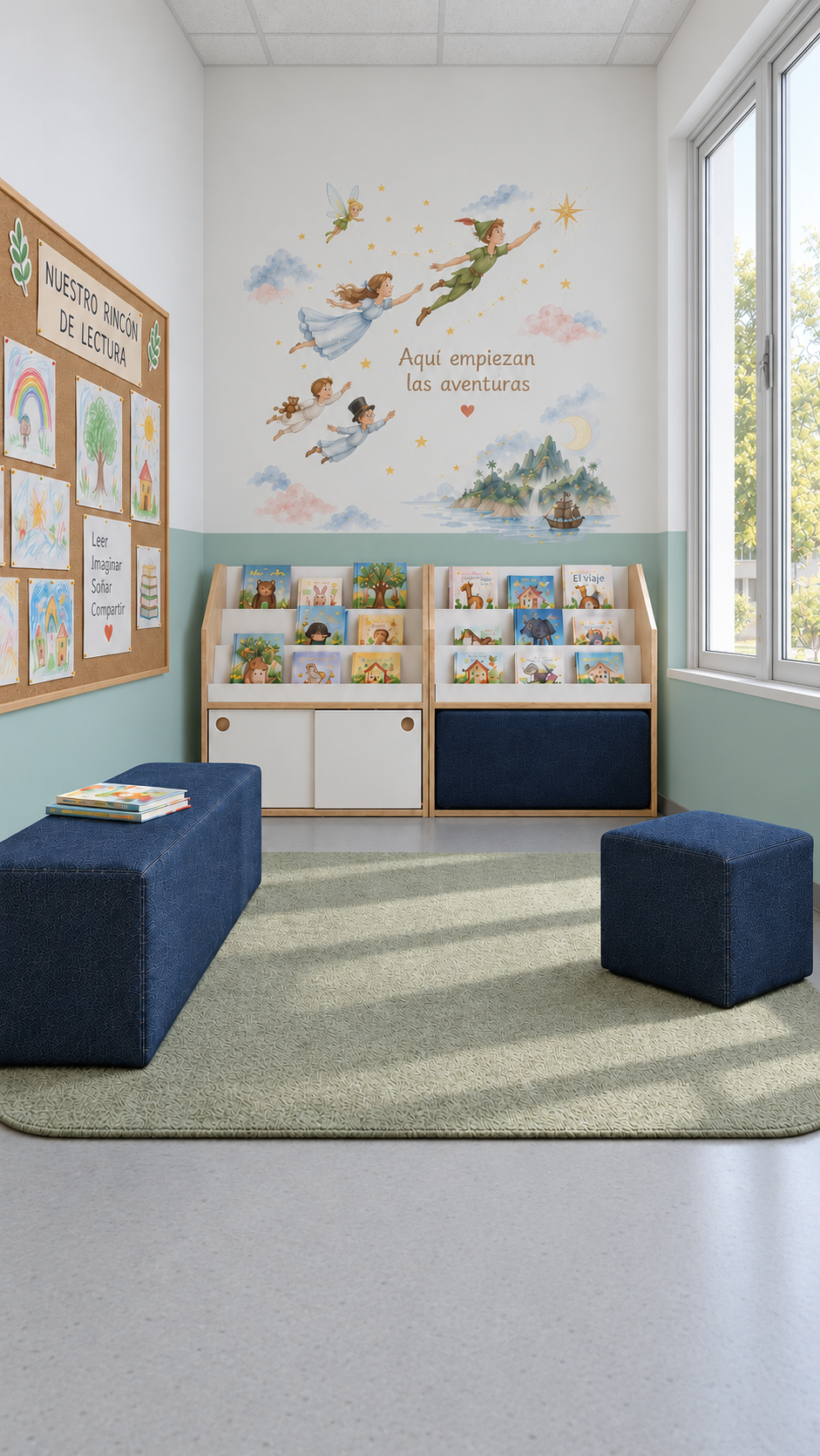 Rincón de lectura escolar con Nido Display, Nido Soft, Cub Bench y Cub One